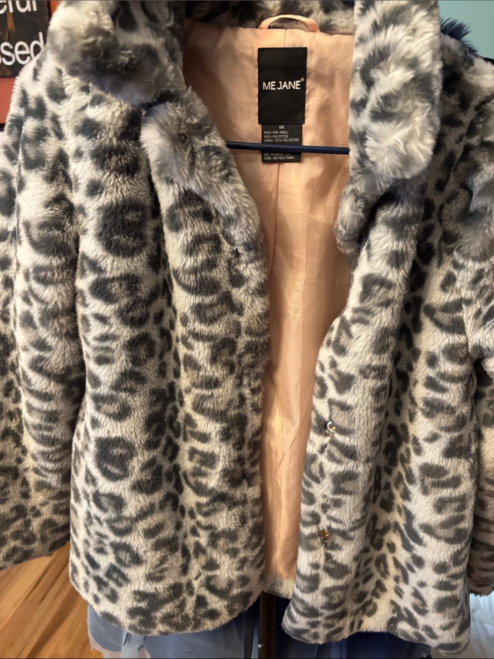 Me Jane Gray Leopard Print Faux Fur Jacket